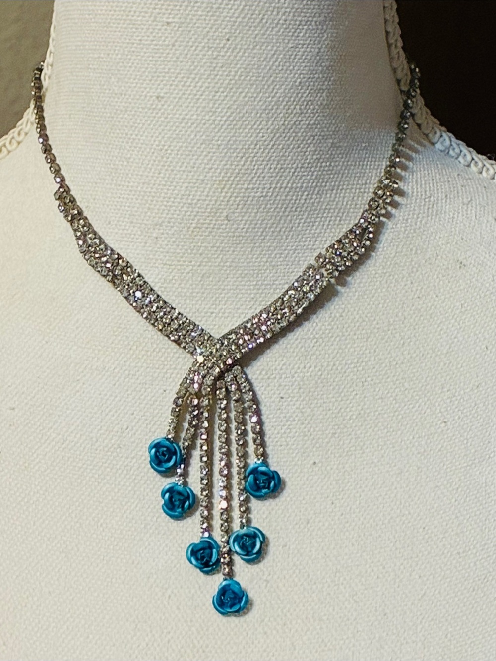 Crystal Tassel Necklace with Blue-Green Rose Accents